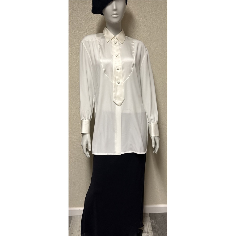 Womens Top Med Career White‎ Mock Tie Menswear Lagen Office Tuxedo Blouse Sheer